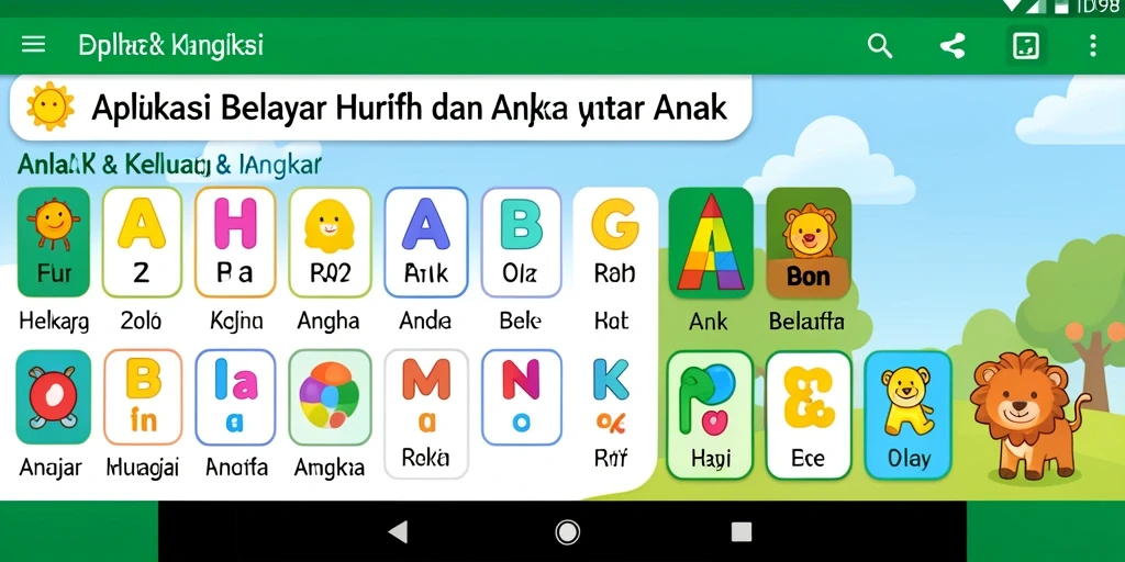 Antarmuka menarik dengan fitur interaktif untuk belajar huruf dan angka.